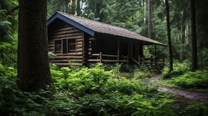 Fototapeta na wymiar Wood cabin nestled forest