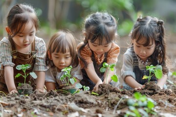 Group of young girls carefully planting small seedlings in a garden, exhibiting teamwork