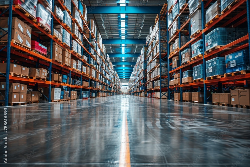 Poster an expansive warehouse showcasing tall storage racks filled with boxes, under a symmetrical ceiling 