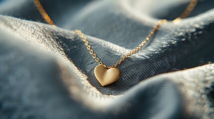 a golden necklace adorned with a heart pendant, set against a soft grey fabric background, in a simple yet feminine composition accentuated by the gentle glow of sunny light. - obrazy, fototapety, plakaty