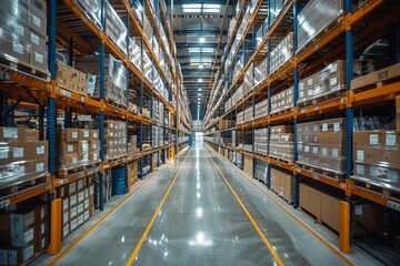 Fototapeta premium Wide-angle view of a warehouse interior with neatly organized aisles, shelves stocked with boxes, and bright lighting