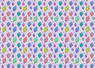 Seamless pattern with hand drawn crystals. Colorful diamond vector background.