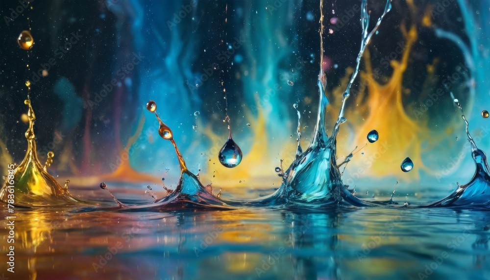 Poster a captivating high-speed capture of water droplets dancing on a reflective surface, highlighted by a