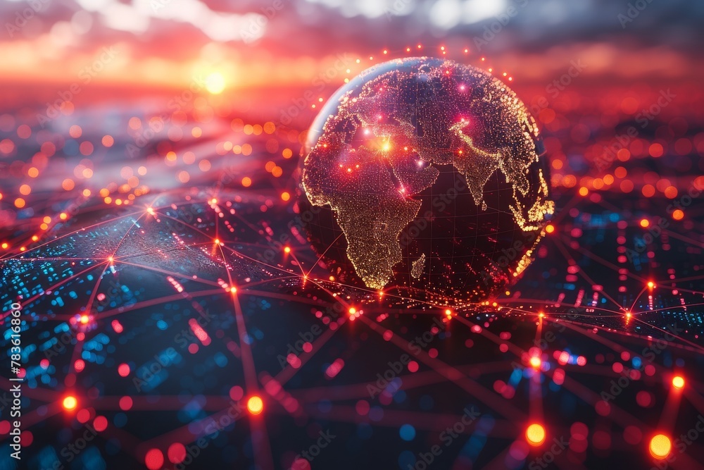 Poster a striking digital globe with fiery network lines stretching across the surface set against a sunset