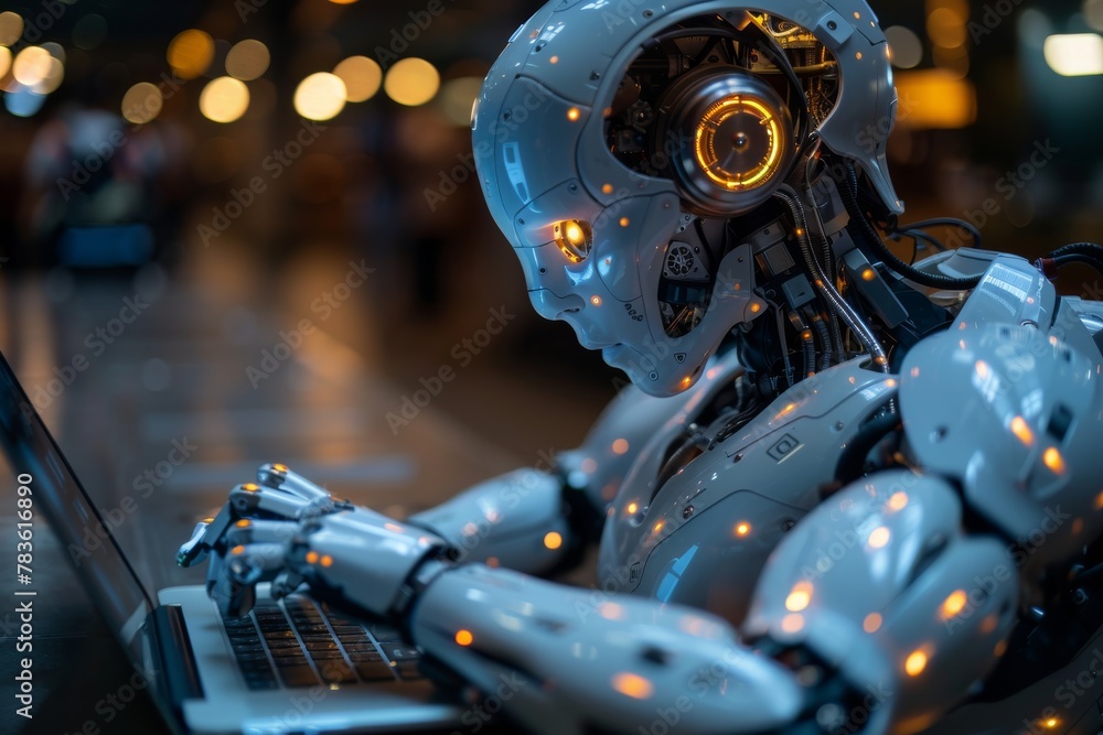 Poster the image shows an advanced humanoid robot with intricate designs engaging with a laptop, highlighti