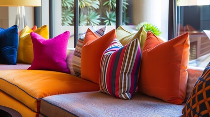 A plush seating area accented by vibrant throw pillows in modern geometric patterns.