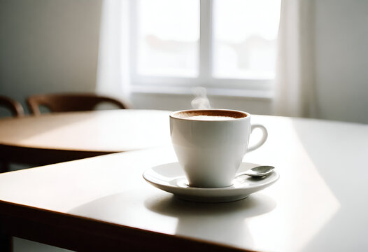 Cup of coffee on the table with white background.