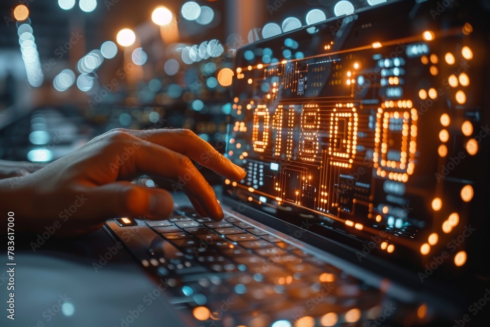 Aufkleber this image displays a person's hands typing on a keyboard with illuminated keys, symbolizing digital