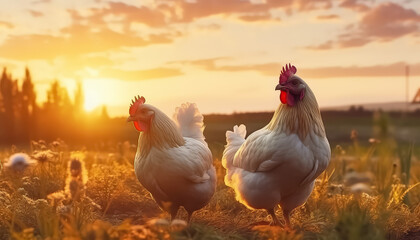 Free-range chickens in an eco farm at sunset - obrazy, fototapety, plakaty