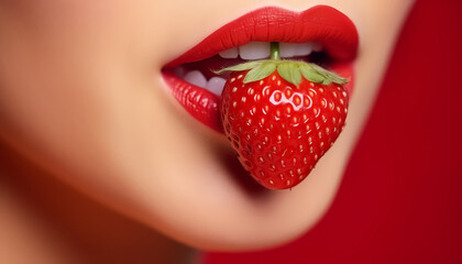 Red lipstick and snow-white teeth hold strawberries - Powered by Adobe