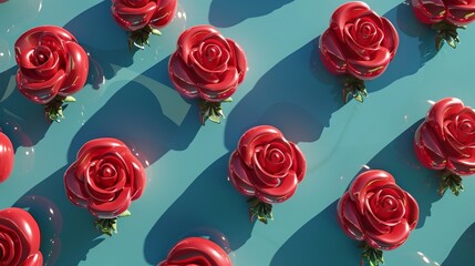 Red roses on a blue background with shadows.