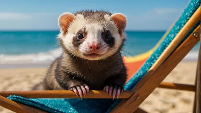 cute funny cartoon ferret on the beach
