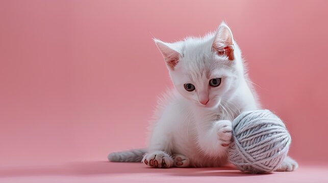 a white kitten as it plays gleefully with a pink ball of yarn against a soft pastel background, ensuring high-quality imagery that embodies pure joy.