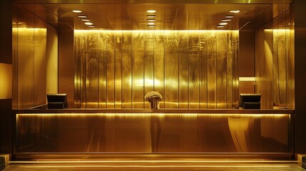 A polished brass concierge desk gleaming under the soft glow of overhead lights. - obrazy, fototapety, plakaty