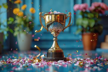 A shiny trophy cup on a pedestal festooned with flower petals symbolizes victory in a gentle and gratifying manner - obrazy, fototapety, plakaty