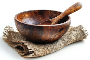 Rustic wooden bowl and spoon resting on a textured burlap cloth on a white background