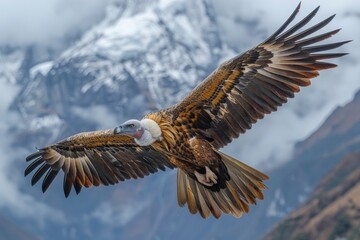 With wings extended to their full span, this magnificent bearded vulture soars over a craggy mountain landscape, its gaze commanding and purposeful