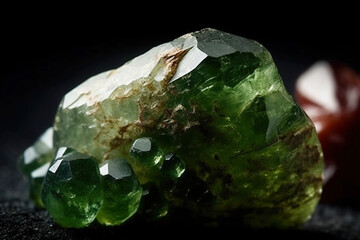 Diopside is a rare precious natural stone on a black background. AI generated. Header banner mockup with space.