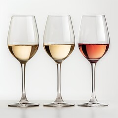 A set of three stem wine glasses filled with white and rose wines, isolated on a white background.
