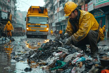 A sanitation worker sorting through a pile of garbage in standing water on a city street