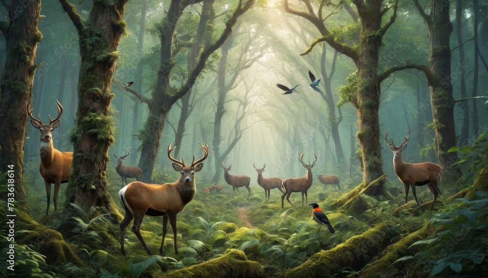 Poster a serene gathering of majestic deer in a mystical forest, rays of light piercing through the canopy,