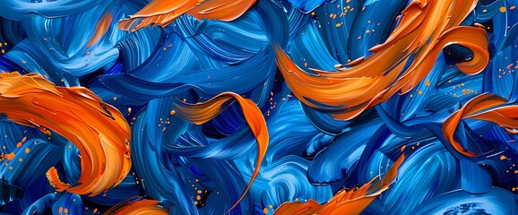 Copper orange tendrils embracing a mesmerizing background painted in shades of cobalt blue. - obrazy, fototapety, plakaty