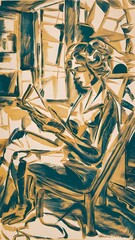 A stunning abstract expressionist painting. Captivating scene of a woman reading in a cozy and sunlit room.