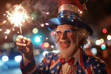 Joyful elder in a star-spangled outfit with sparkler, ideal for Independence Day themes and patriotic celebrations - obrazy, fototapety, plakaty
