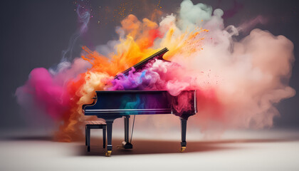 The piano is smoking with multi-colored smoke - obrazy, fototapety, plakaty