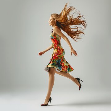 Woman captured in mid-motion wearing a vibrant, floral dress and heels, hair flowing dynamically.