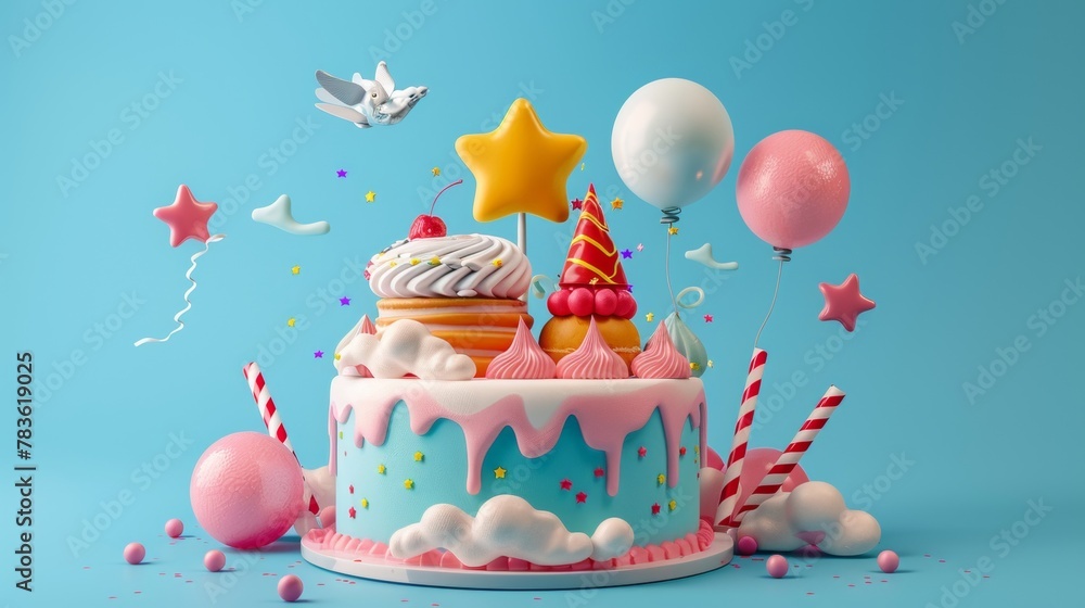 Poster modern birthday cake with unique decorations 3d style isolated flying objects memphis style 3d rende