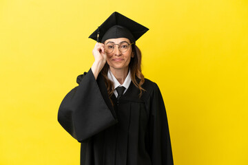 Middle aged university graduate isolated on yellow background with glasses and surprised