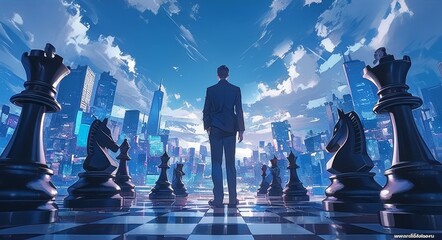 A businessman stands on the chessboard, with an urban skyline in background. 