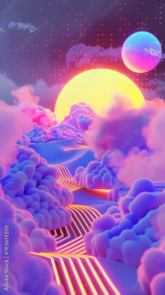 Poster neon colored shapes soaring through a digital landscape 3d style isolated flying objects memphis sty