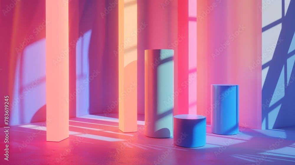 Poster neon lights casting shadows in a memphis-inspired scene 3d style isolated flying objects memphis sty