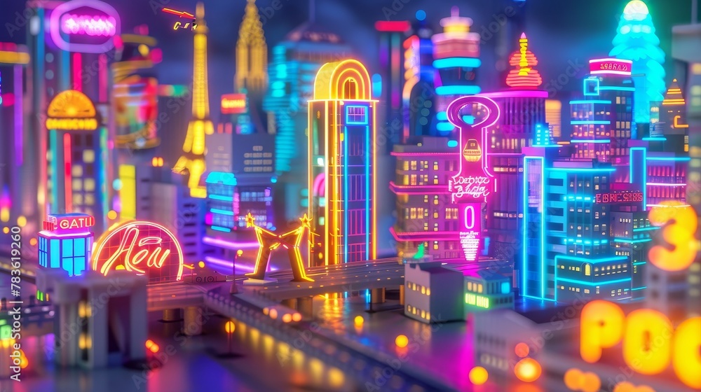 Poster neon lights and signs in a toy cityscape 3d style isolated flying objects memphis style 3d render ai