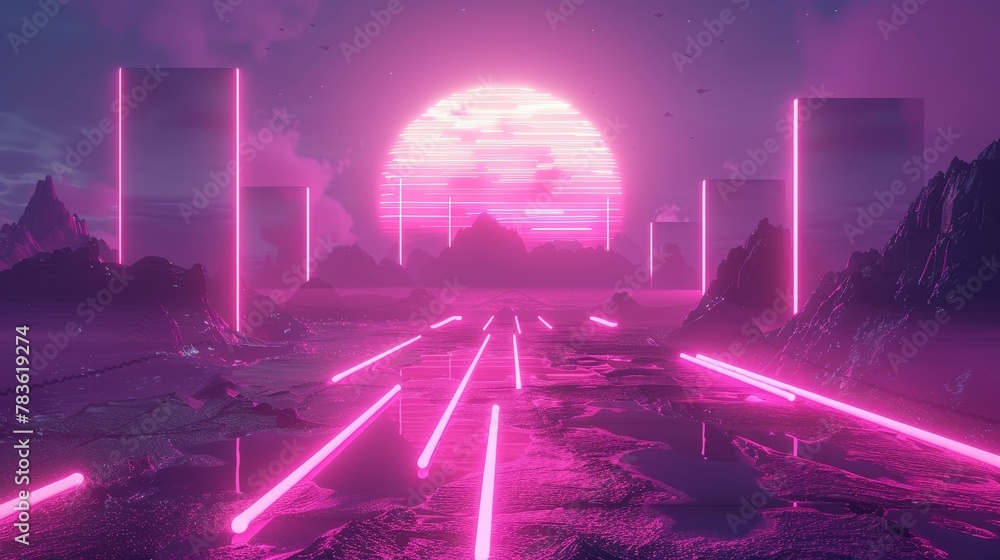 Aufkleber neon lights creating a surreal 3d landscape 3d style isolated flying objects memphis style 3d render