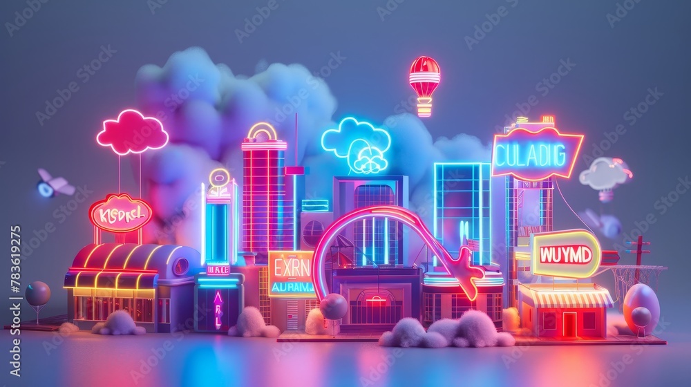 Aufkleber neon lights and signs in a toy cityscape 3d style isolated flying objects memphis style 3d render ai