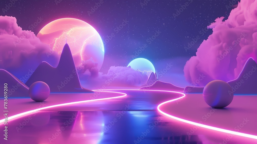 Poster neon lights creating a surreal 3d landscape 3d style isolated flying objects memphis style 3d render