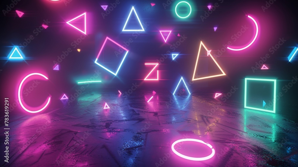 Poster neon lights glowing in a 3d style background 3d style isolated flying objects memphis style 3d rende