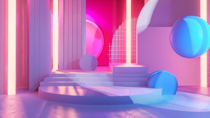 Neon lights casting shadows in a Memphis-inspired scene 3d style isolated flying objects memphis style 3d render   AI generated illustration
