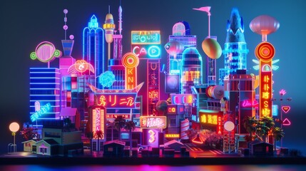Neon lights and signs in a toy cityscape 3d style isolated flying objects memphis style 3d render   AI generated illustration