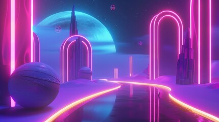 Neon lights creating a surreal 3d landscape 3d style isolated flying objects memphis style 3d render   AI generated illustration