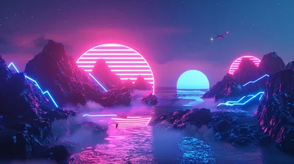Deurstickers Neon lights creating a surreal 3d landscape 3d style isolated flying objects memphis style 3d render   AI generated illustration © ArtStage