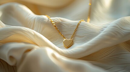 a golden necklace adorned with a heart pendant, set against a soft white fabric background, in a simple yet feminine composition accentuated by the gentle glow of sunny light. - obrazy, fototapety, plakaty