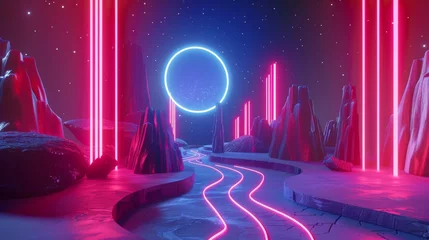 Deurstickers Neon lights creating a surreal 3d landscape 3d style isolated flying objects memphis style 3d render   AI generated illustration © ArtStage