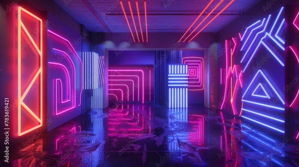 Poster neon patterns weaving a tapestry of light 3d style isolated flying objects memphis style 3d render a