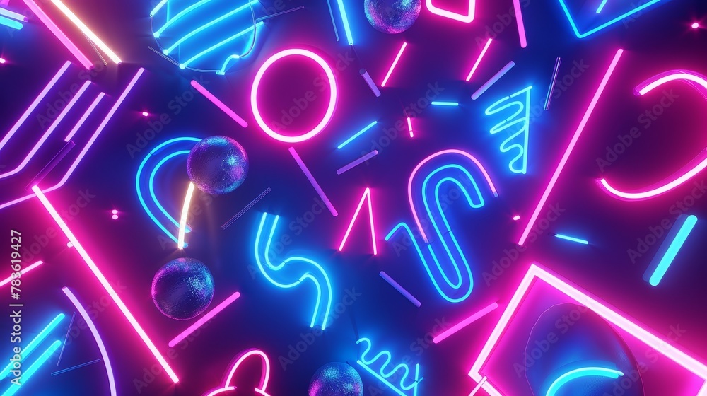 Poster neon patterns weaving a tapestry of light 3d style isolated flying objects memphis style 3d render a