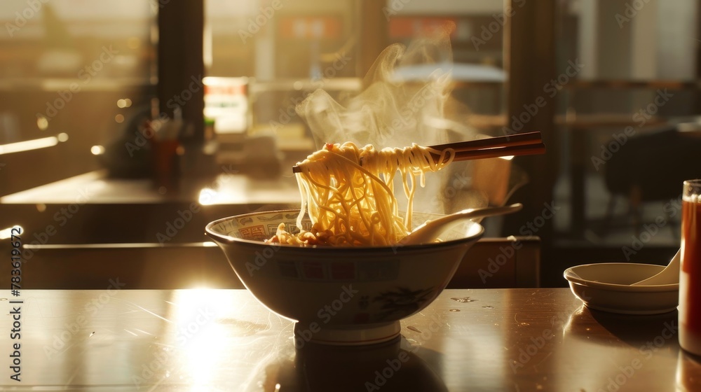Poster play with depth of field to draw attention to a flying bowl of ramen under soft light ai generated i