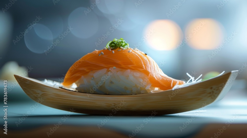 Poster play with backlighting to emphasize the delicacy of a floating piece of sushi ai generated illustrat